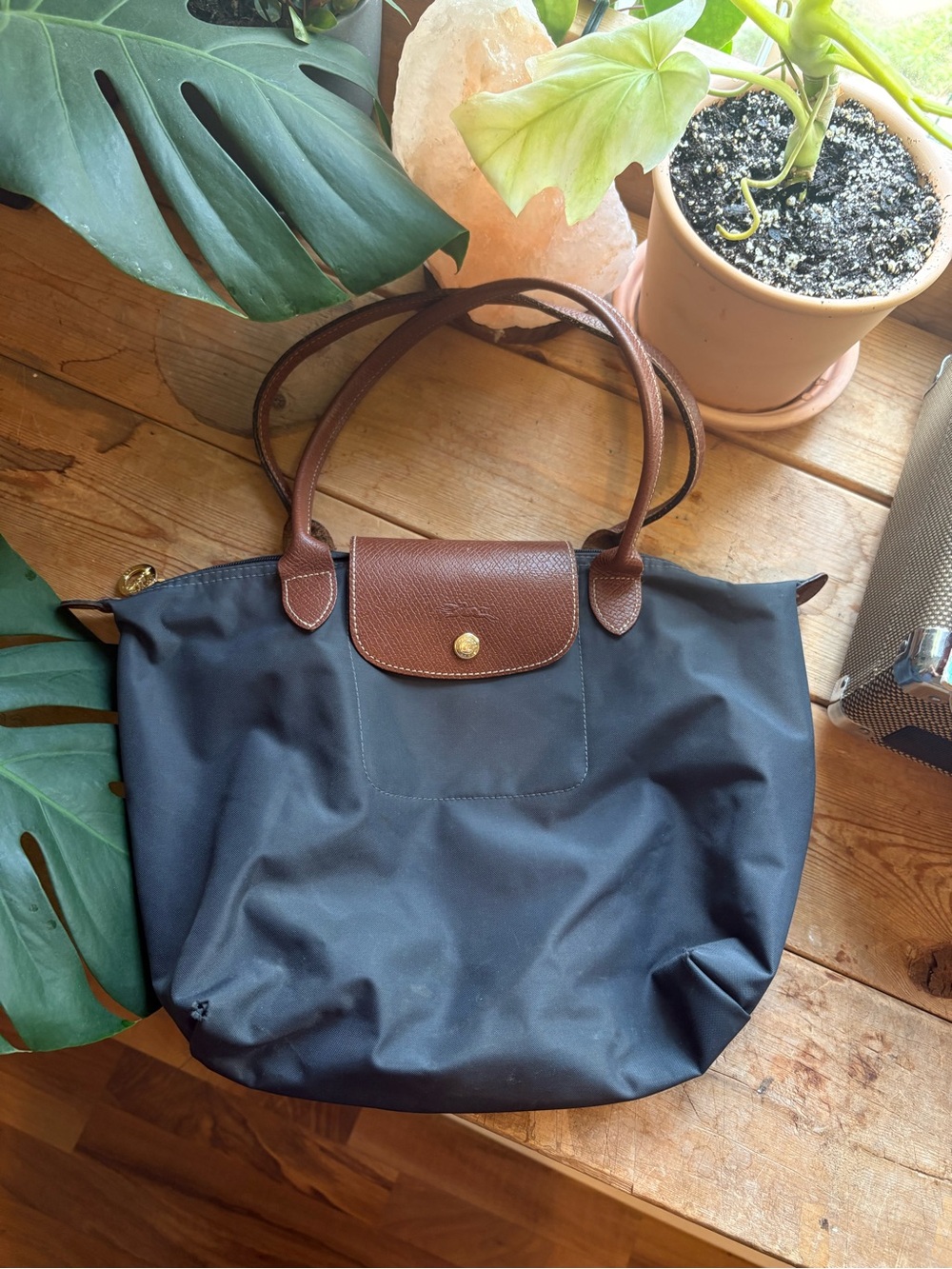 Longchamp Grey Tote with Brown Leather Trim
